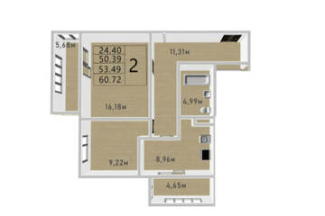 2-к квартира, 53,5 м², 5/12 эт.